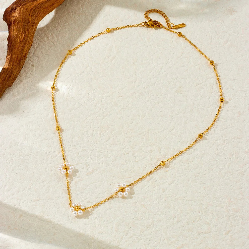 Gold White Flower & Pearl Necklace, Earrings & Bracelet Jewellery Set | Fashion Set
