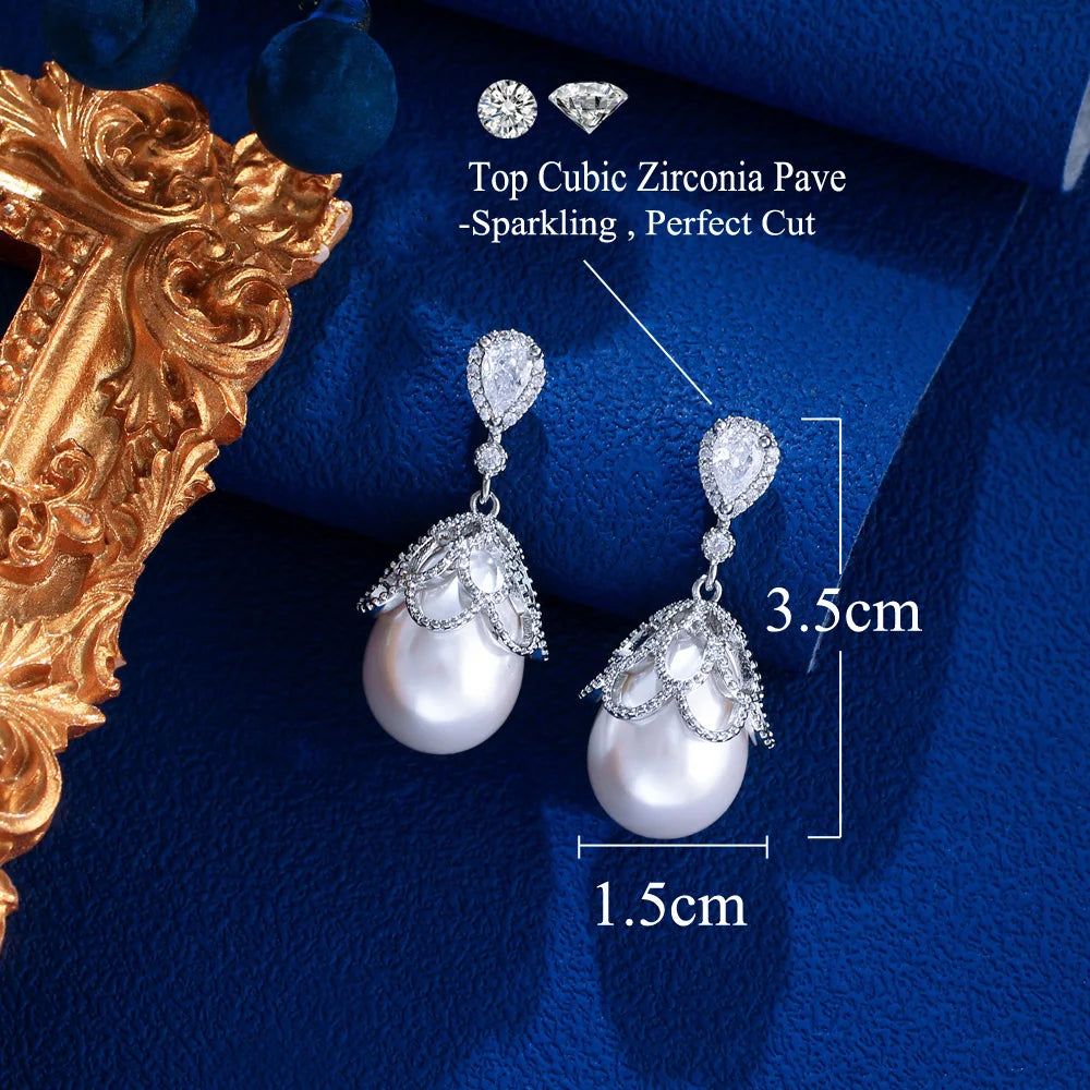 S&S CZ & Pearl Geometric Dangle Drop Earrings – Rhodium Silver Plated – Collection