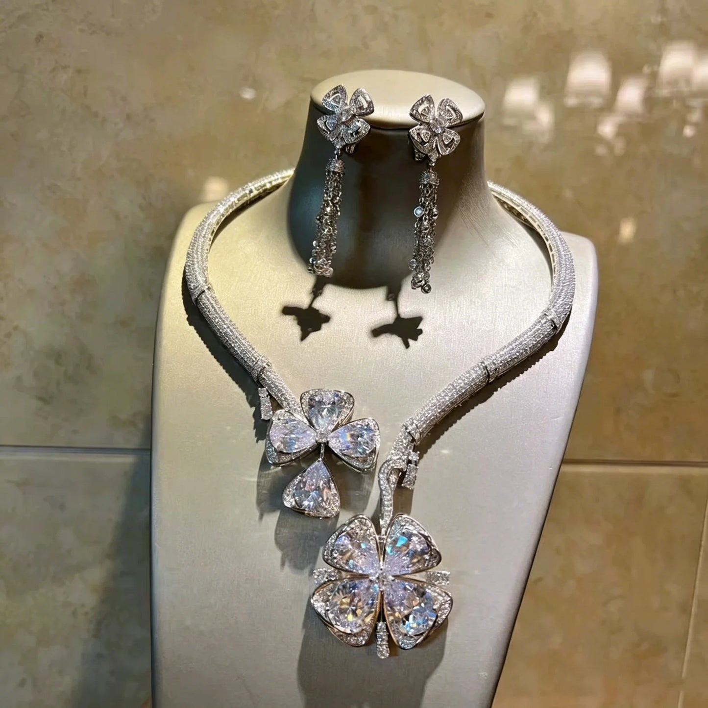 XM S294 Silver Plated Princess Cut Cubic Zirconia Four Leaf Clover Statement Necklace & Earrings Bridal Set