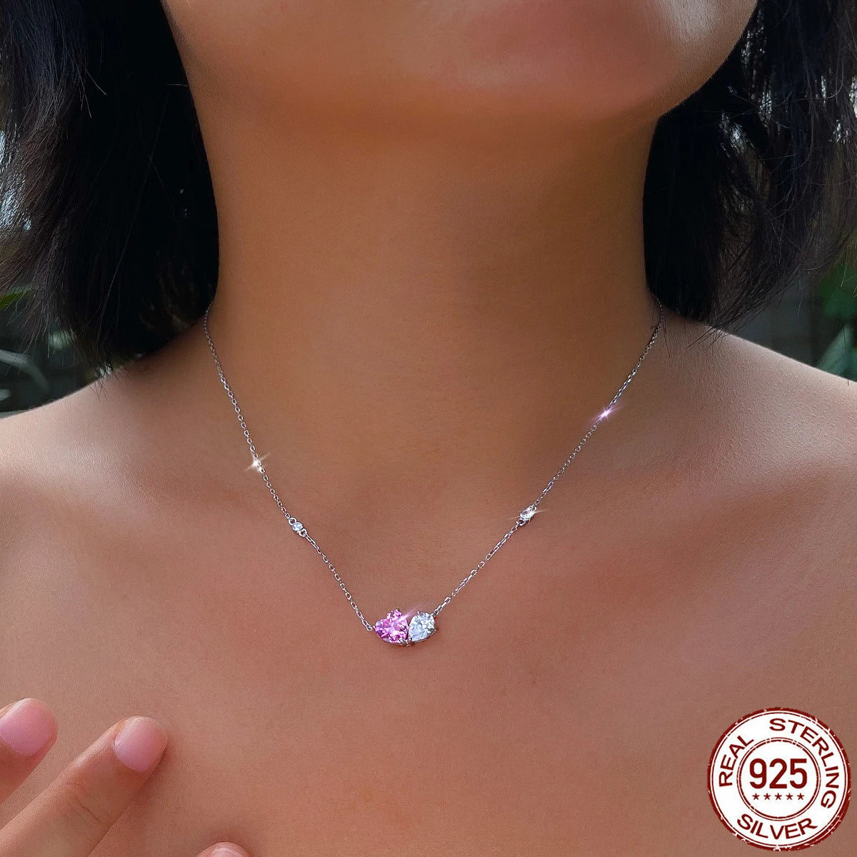 S&S 925 Sterling Silver Pink Heart CZ Drop Pendant Necklace – Rhodium Plated – Collection