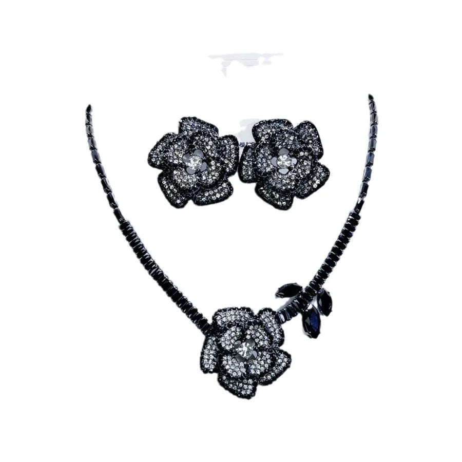 K094 Hot Selling Women Trendy Luxury Black Flower Zircon Necklace Earrings Set Wedding Elegant Jewelry Set