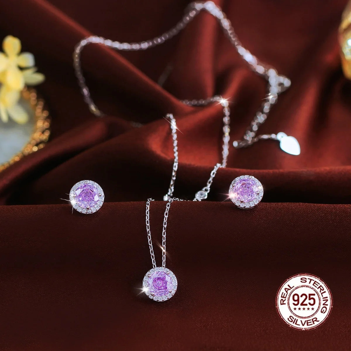 S925 Solid Silver Charming Rose Flower CZ Purple Round Pendant Necklace and Earring Jewelry Set for Ladies Fine Jewelry
