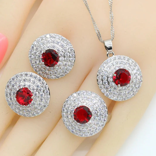 Wholesale Silver Color Bridal Jewelry Set with Red Zircon Includes Necklace Pendant Earrings Rings for Parties