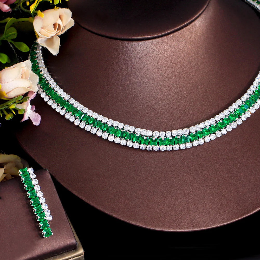 Sparkly Multiple Green Cubic Zirconia Setting Silver Plated 2pcs Bridal Wedding Event Round Necklace and Earring Jewelry Sets