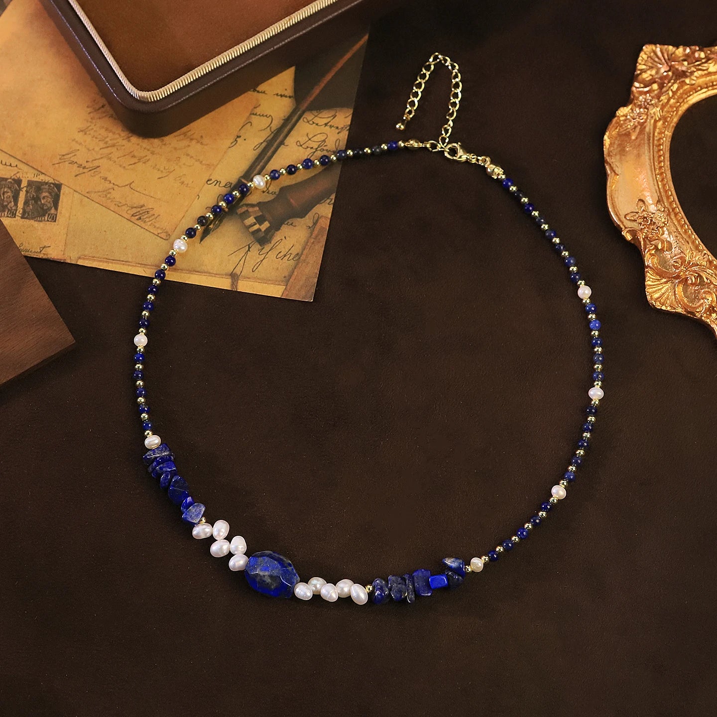 Natural Lapis Lazuli Freshwater Pearl Beaded Necklace for Women Daily Office Banquet Vintage Pearl Necklace Fashion Jewelry