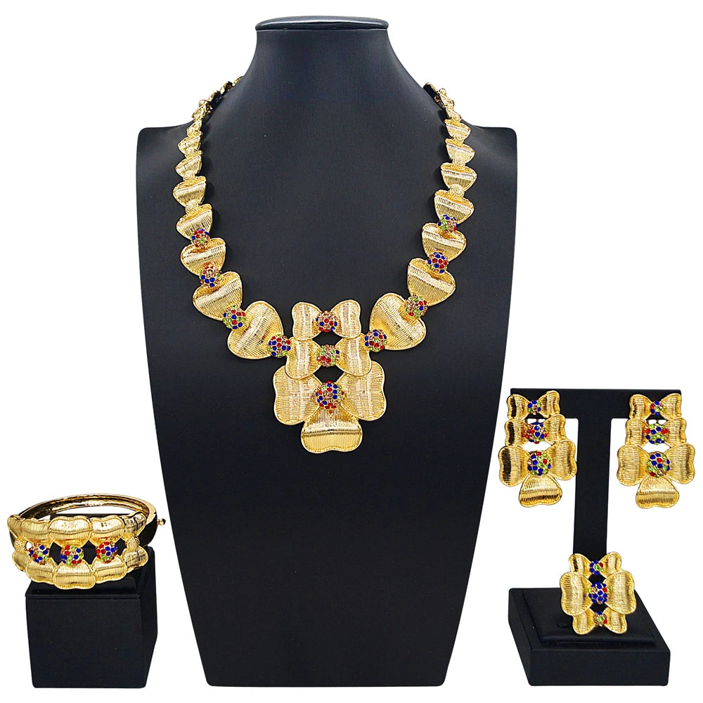 Zhuerrui Handmade Gold Plated Jewelry Set Retro Flower Design Necklace Earring Bracelet Set for Bridal Wedding Party I008520-2