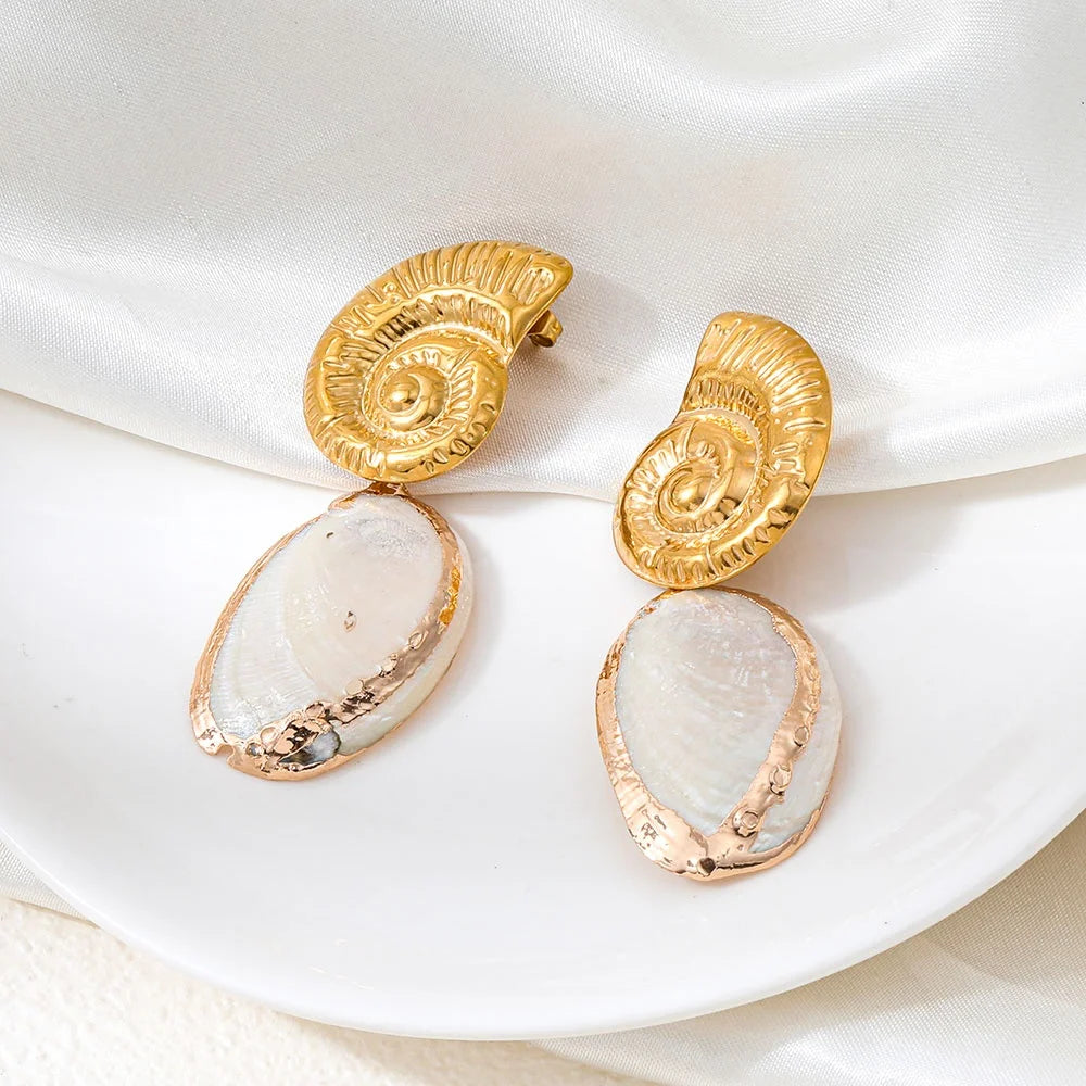 Joolim PVD Plated Wholesale Waterproof Fashion Statement Beach Natural Conch Shell Dangle Hoop Earring Stainless Steel Jewelry