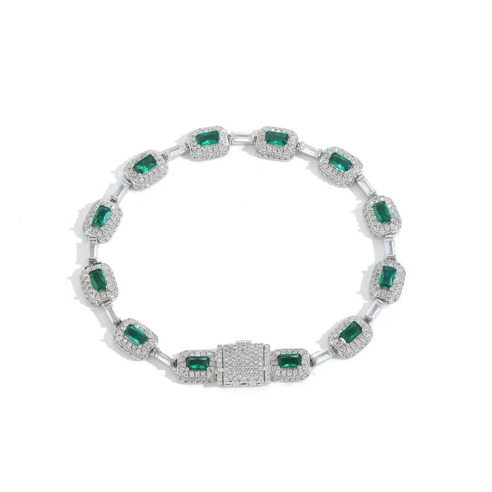Luxury Bling CZ Tennis Necklace for Men and Women Geometric Link Chain with Classic Emerald Zircon Charm