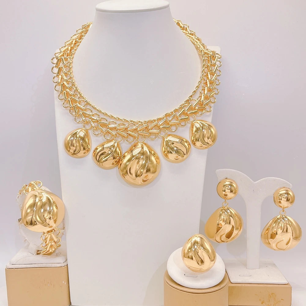 Luxury Brazilian Gold Jewelry Set Necklace Bracelet Earrings Ring Four-Piece Sets Leaves Water Droplets Wedding Jewellery Set