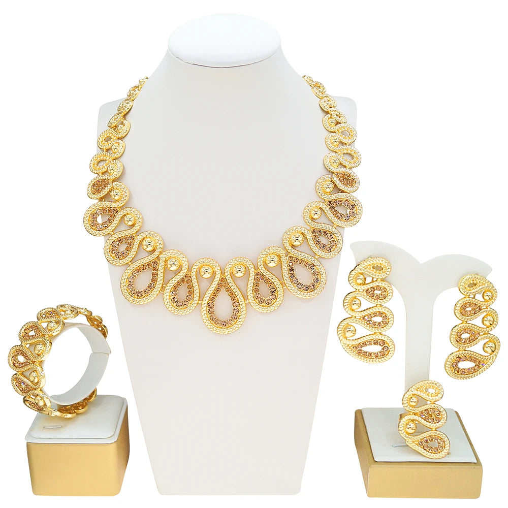 Zhuerrui Retro Infinity Gold Plated Textured Chain Jewelry Set Women Necklace Earrings Bracelet Ring Daily Wear Jewelry I0100