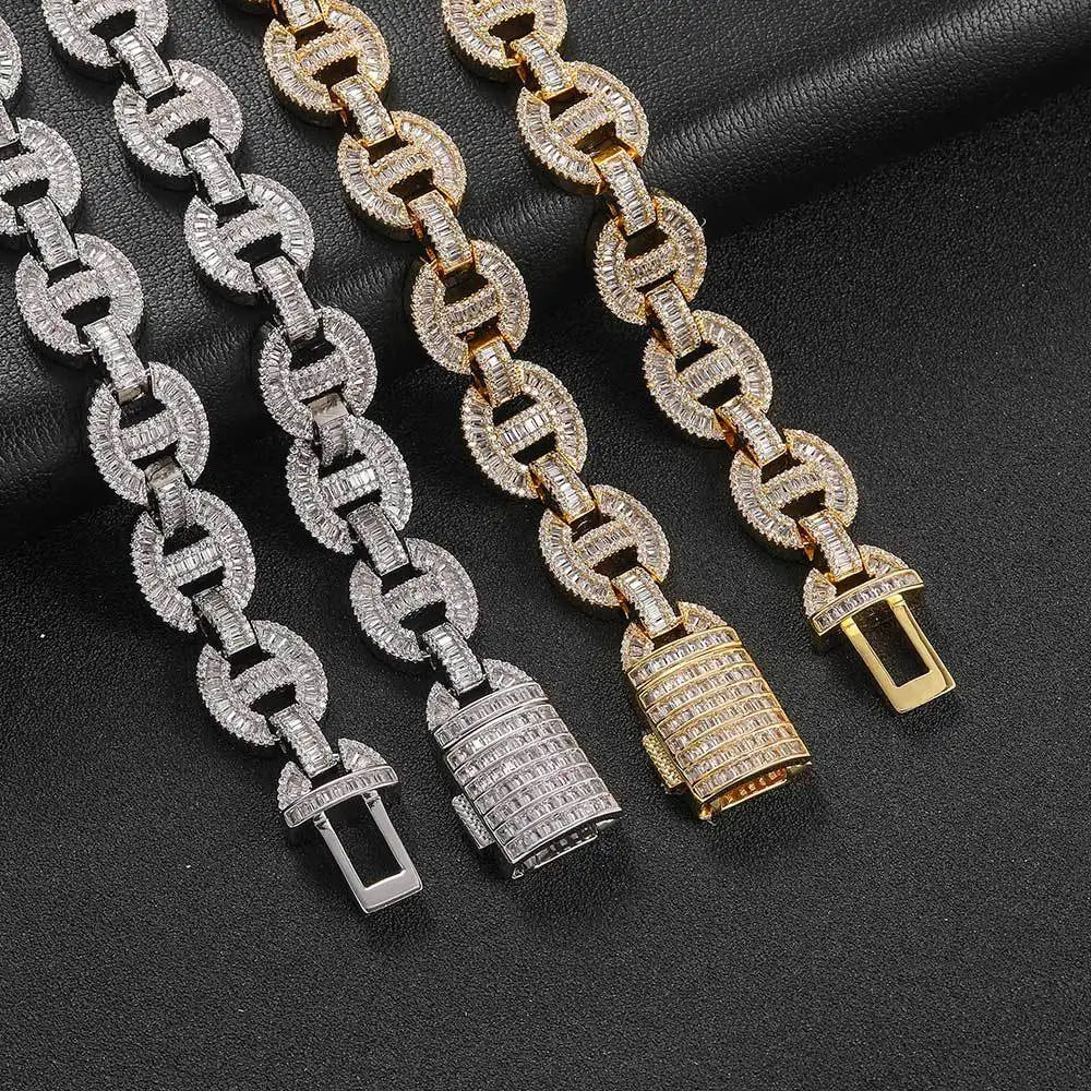 BiG-BOSS Gold Plated Brass Hip Hop Iced Out Micro Paved Cubic Zircon Chunky Miami Cuban Link Chain Jewelry Necklace for Mens