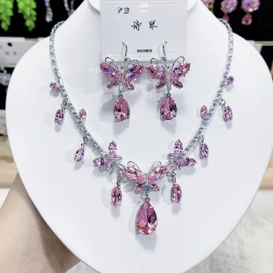 K080 Women Trendy Luxurious Yellow Zircon Butterfly Bridal Necklace Earrings Set Wedding Elegant Jewelry Set