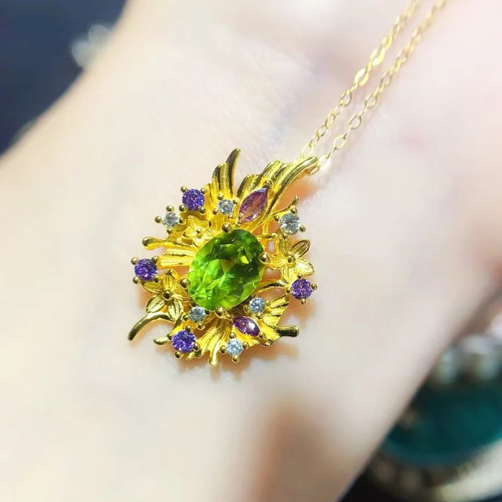 REDheart Luxury Gold Plated 925 Sterling Silver Natural Peridot Necklace Ring Kids Jewelry Set Wedding Party Birthday Gifts