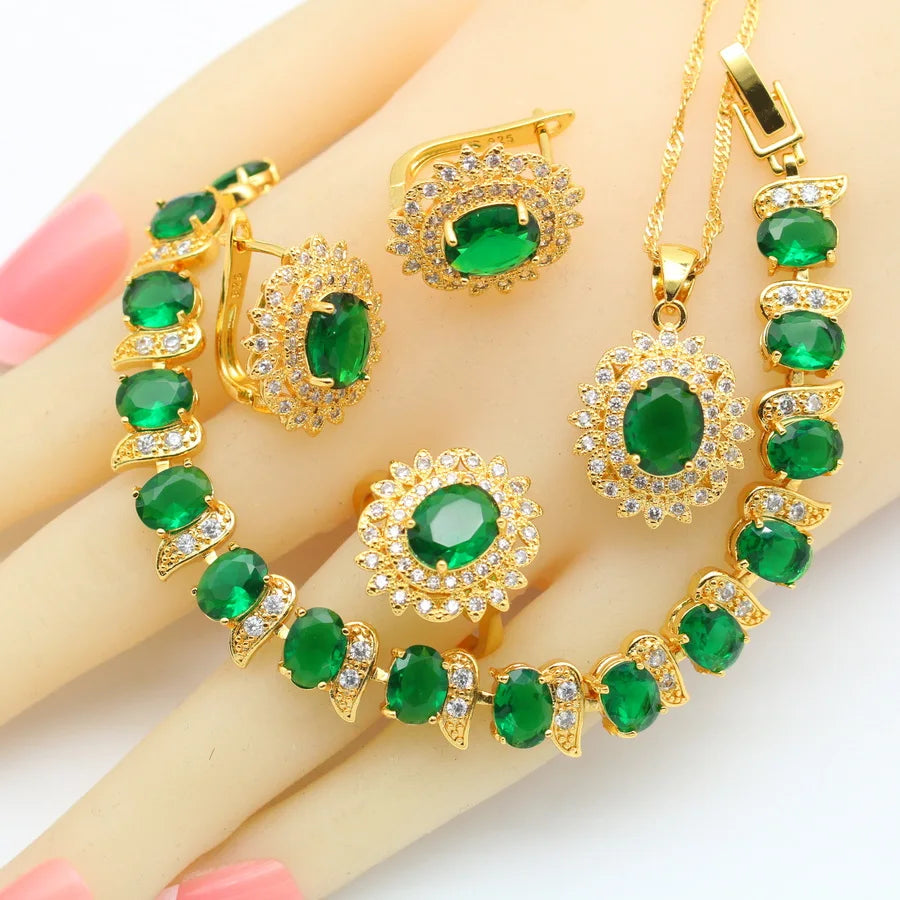 XOTICA 2023 New Red Zirconia Crystal Jewellery Set for Women Including Bracelet Earrings Ring Pendent Necklace for Wedding Engagement