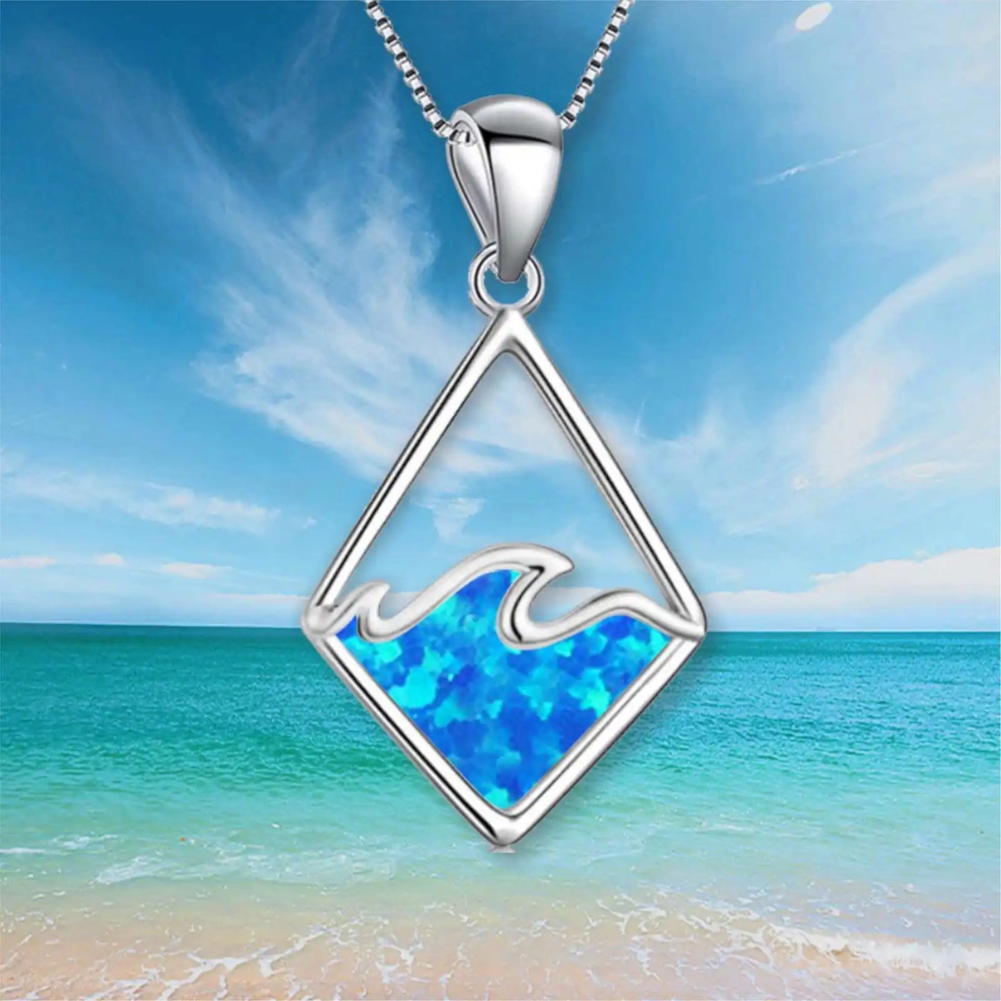 Hawaiian Beach Wave Opal Necklace | Blue Gemstone Ocean Pendant Long Sweater Chain