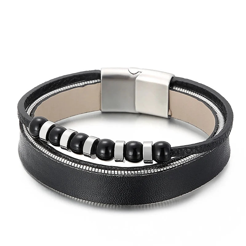 REBEL Mens Bracelets Stainless Steel Cowhide Fashion Jewelry Bead Bracelet Bangles