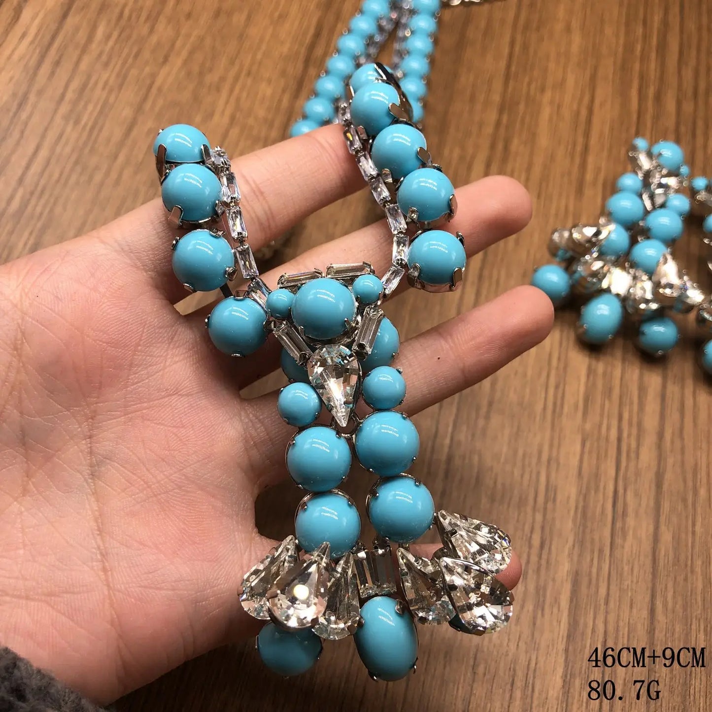 Fashion Jewelry Set Vintage Design Blue Turquoise Rhinestone Necklace and Earrings Jewelry Set