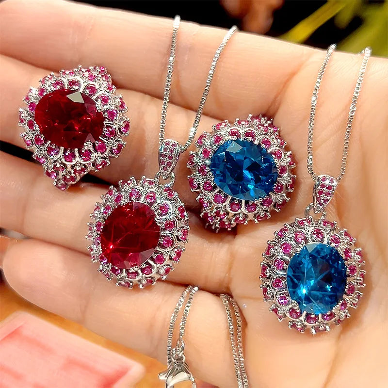 REDheart Red Corundum Pointed Pigeon Egg Fashion Pendant Necklace Set Brass Zircon Flake Blue Zircon Opening Ring Wedding 18K Gold Plated