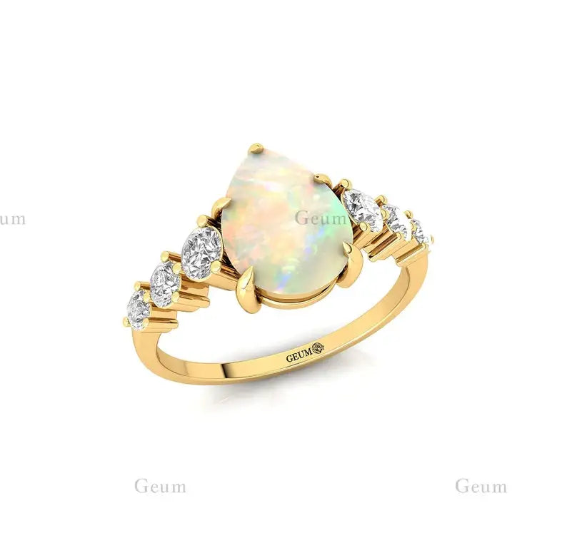 18k Solid Gold Engagement Gift Natural Ethiopian Opal Gemstone Real Diamond Classic Pave Setting Rings Luxurious Bridal Jewelry