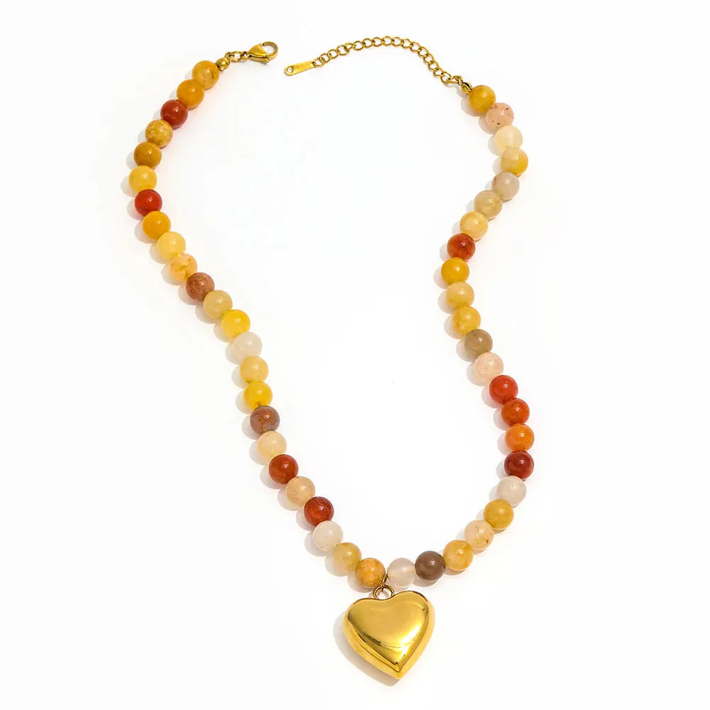 Joolim PVD Plated Wholesale Waterproof Chunky Fashion Boho Beaded Natural Stone Heart Pendant Necklace Stainless Steel Jewelry