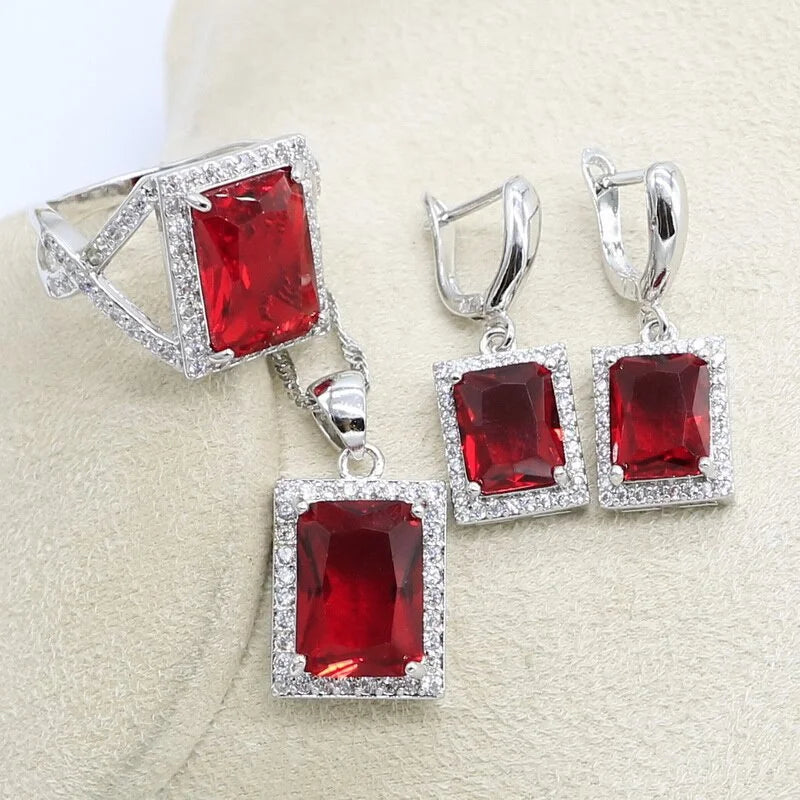 XOTICA Women's Red Zirconia Bridal Jewelry Set Silver Color Wedding Pendant Bracelet Rings Necklace for Parties Gifts Engagements