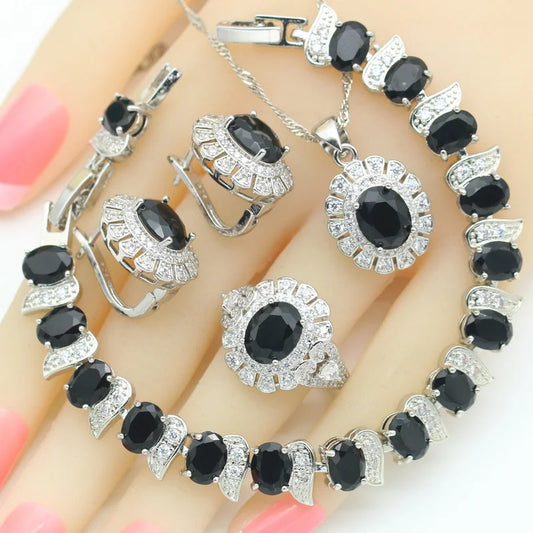 Designer Women's Silver Jewelry Set-Wedding Party Gift Ideas Includes Necklace Pendant Bracelets Hoop Earrings Rings Zircon