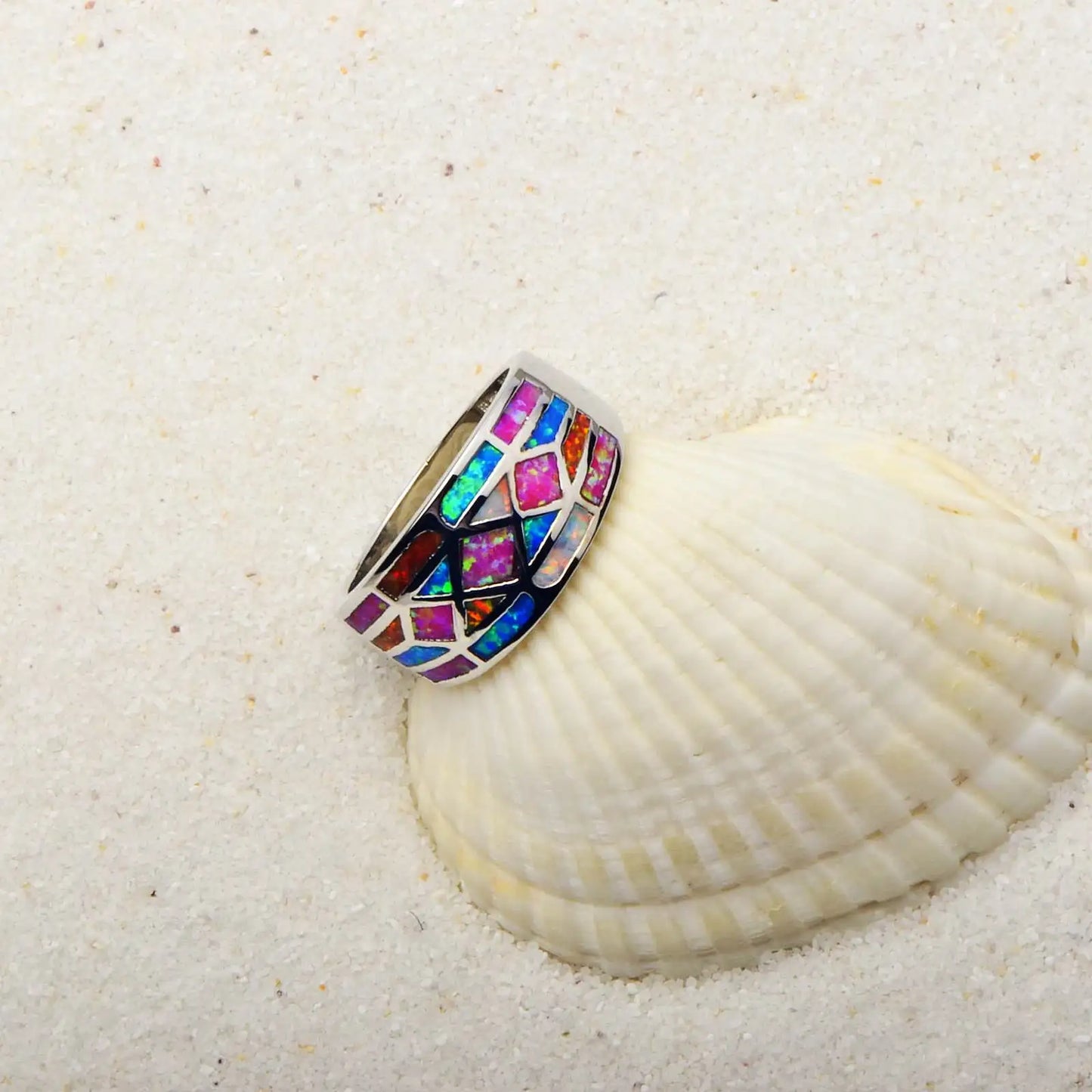 Colorful Opal Inlaid Geometric Pattern Ring | Stainless Steel Shiny Band | Iridescent Multi-Color Fashion Ring for Women Jewelry