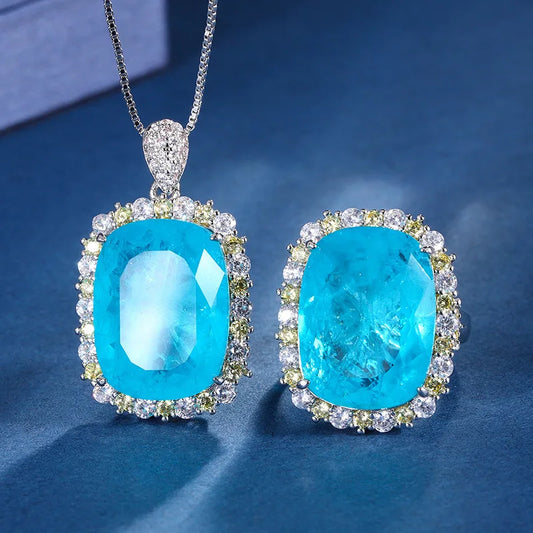 Gemfiori Light Luxury Niche Design with Inlaid Blue Zircon Wedding Set Pendant Earring Bridal Jewelry Accessories