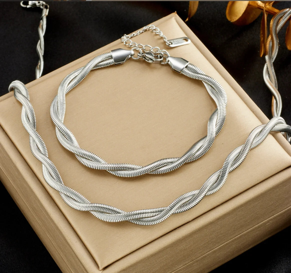 Silver Stainless Steel Twist Chain Necklace & Bracelet Jewellery Set | Waterproof Luxury Fashion Set