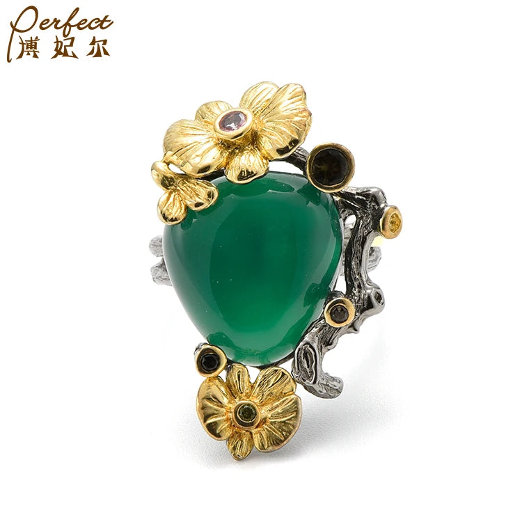 Wholesale Fashion Personality Green Agate Women Luxury  Sterling Silver Jewelry Rings