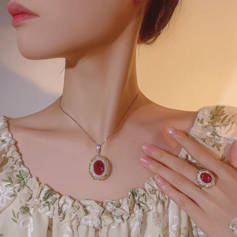Gemfiori Fashionable Oval Red Blue Zircon Pendant Retro Wedding Bride Engagement Jewelry Set