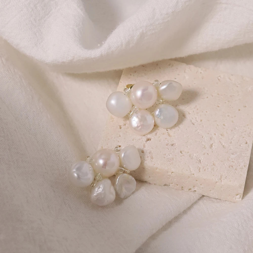 18K Gold Plated Stub One Baroque Pearl Pendant Earrings Natural Freshwater Pearl Flower Cluster Earrings for Ladies