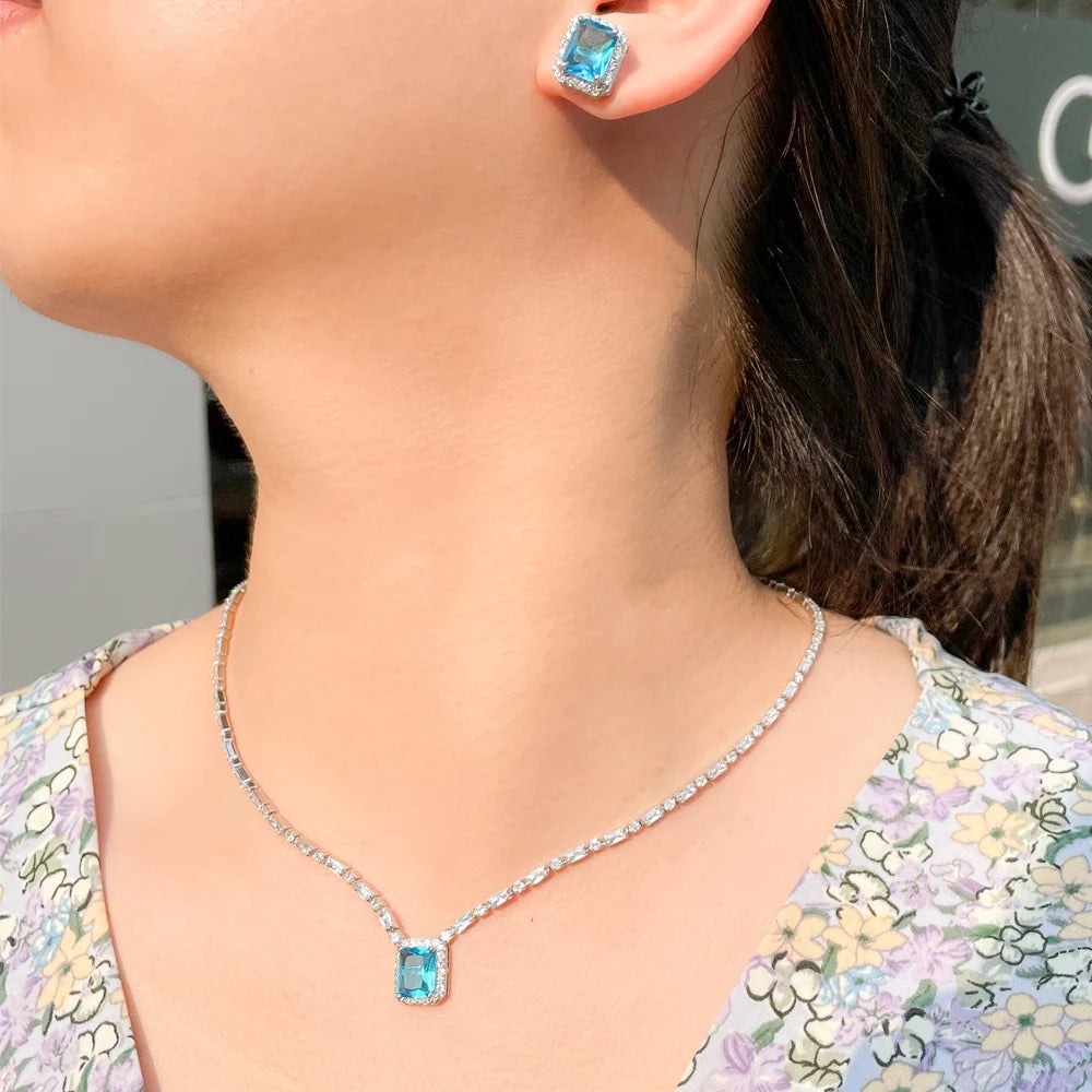 S&S CZ Square Stud Earrings & Baguette Necklace Jewellery Set – Blue & White – Collection