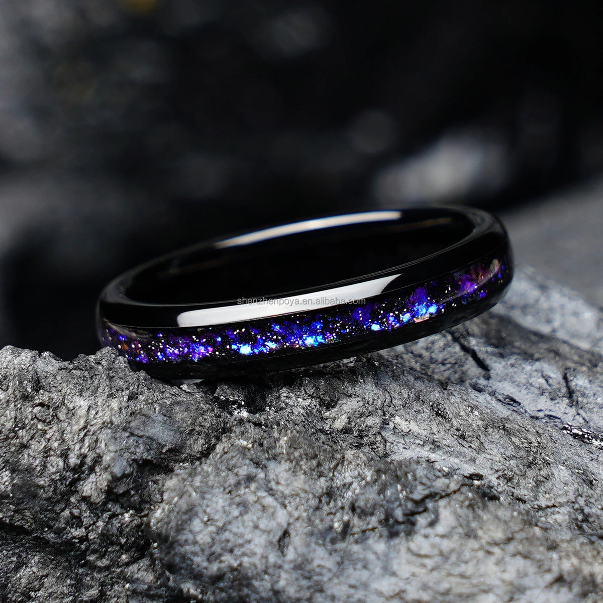 REBEL Electro Black Tungsten Wedding Ring 4mm 8mm Purple Galaxy Gemstone Inlay Anti Tarnish Promise Band Party Jewelry