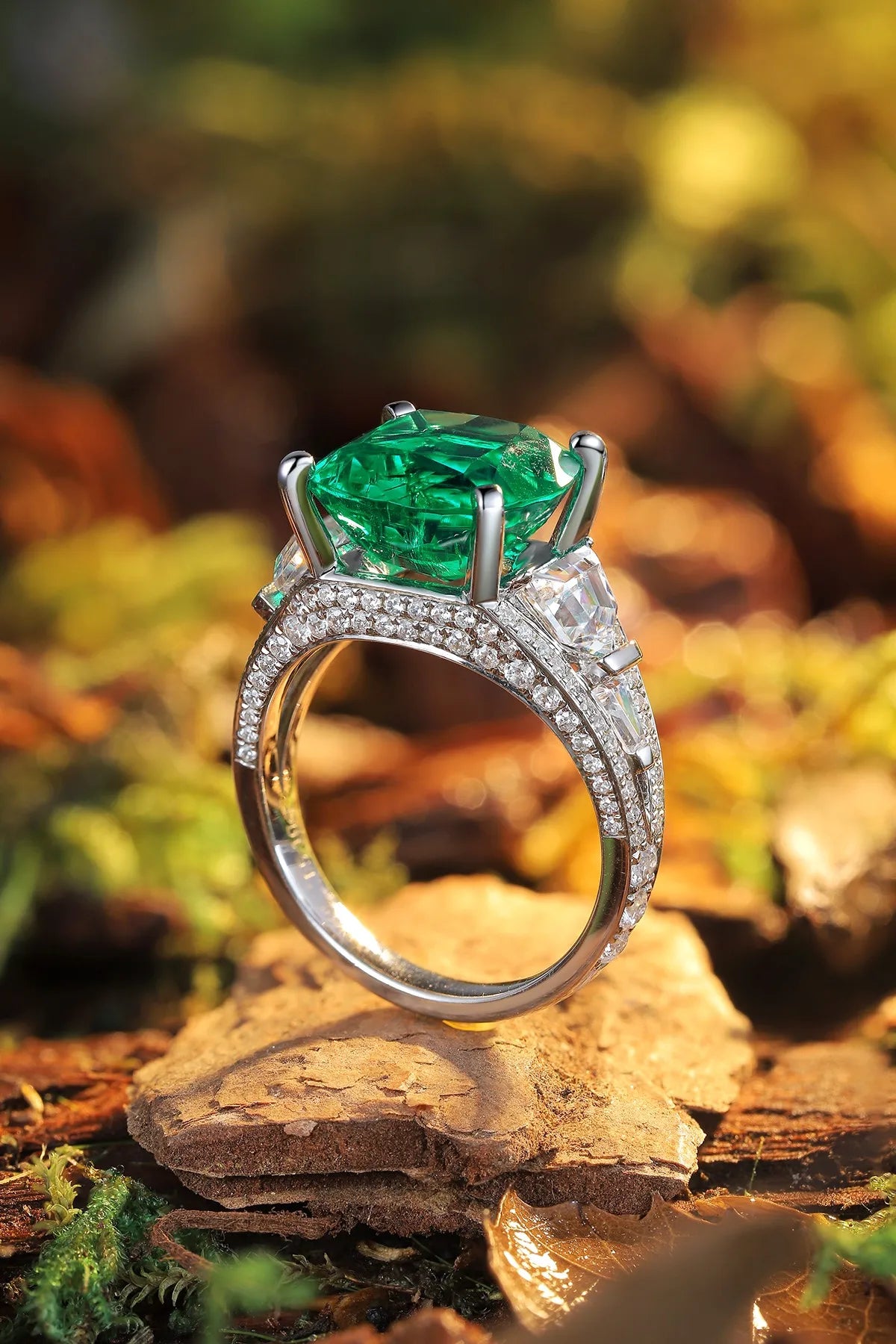 Gemfiori Jewelry Trendy High Quality S925 Silver Cultivated Emerald Ring Unisex Engagement Ring for Wedding Party or Gift