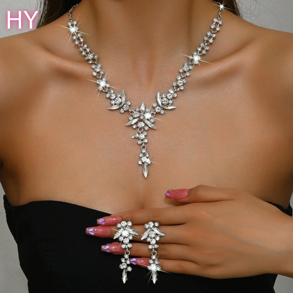 HY  Factory Wholesale Custom New Blue Zircon Wedding Accessories Trendy Two-Piece Set of Necklace Earrings for Engagement