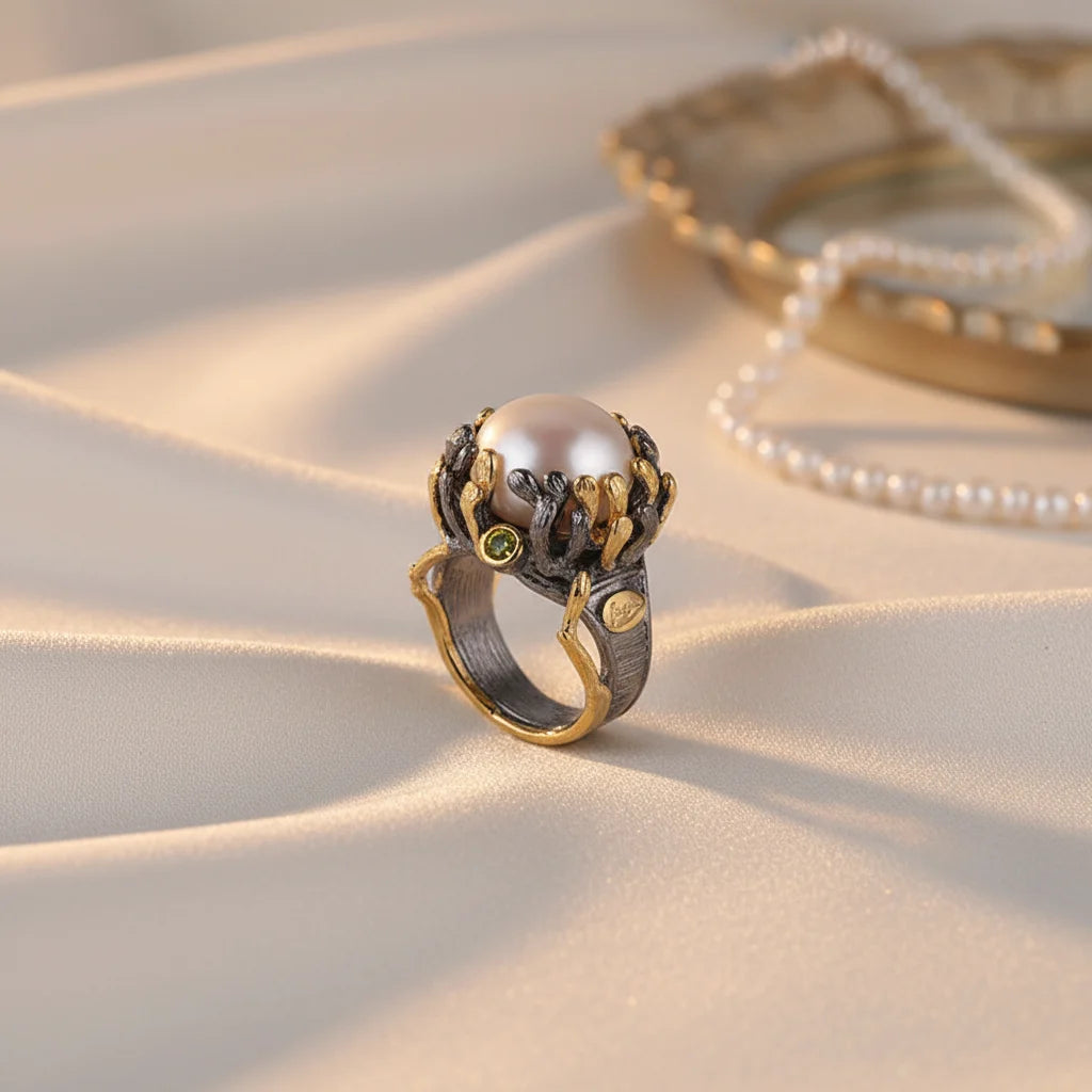 Natural Button Pearl Ring Design 2-tone Plating Silver Ring Jewelry