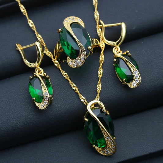 18K Gold Plated Zircon Bridal Jewelry Set for Women Wedding Party Necklace Ring Earrings Pendant Accessories