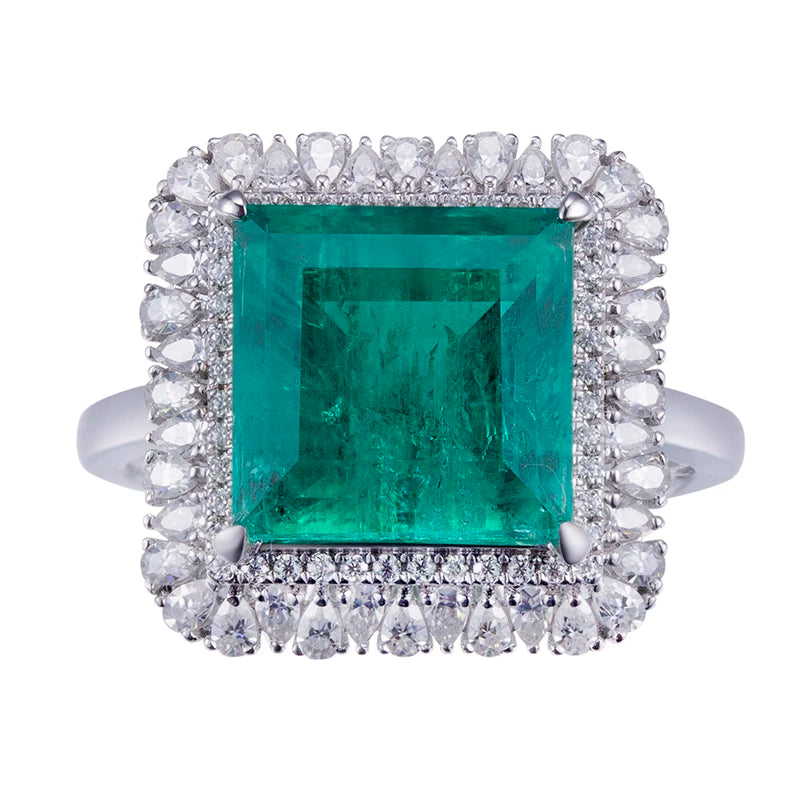 Gemfiori MS-584 18k Gold Women Fashion Jewelry DEF Pear Cut Moissanite Square Emerald Halo Ring