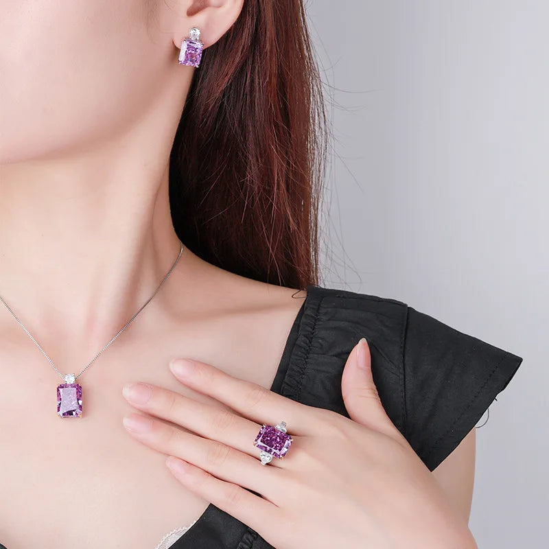 Gemfiori High Class Exquisite Purple Pendant Perfume Bottle Earrings Fashion Ring Temperament Jewelry Set