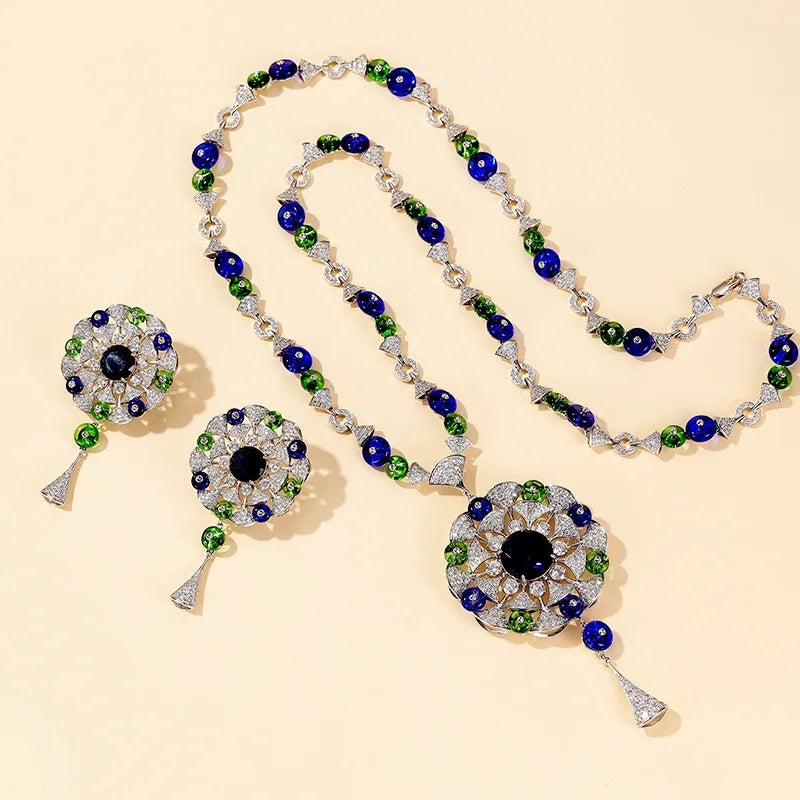 Middle Eastern Luxury Big Flower Pendant Tassel Sweater Chain Necklace & Earrings Set — Rhodium Plated
