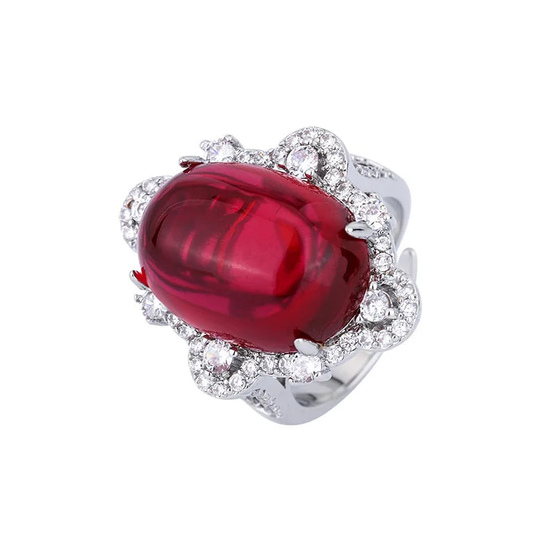 Gemfiori Luxury Oval Cabochon Ruby Jewelry Set Brass Plated Halo Pendant Necklace Ring Earring Vintage Royal Red Gemstone Wedding Jewelry