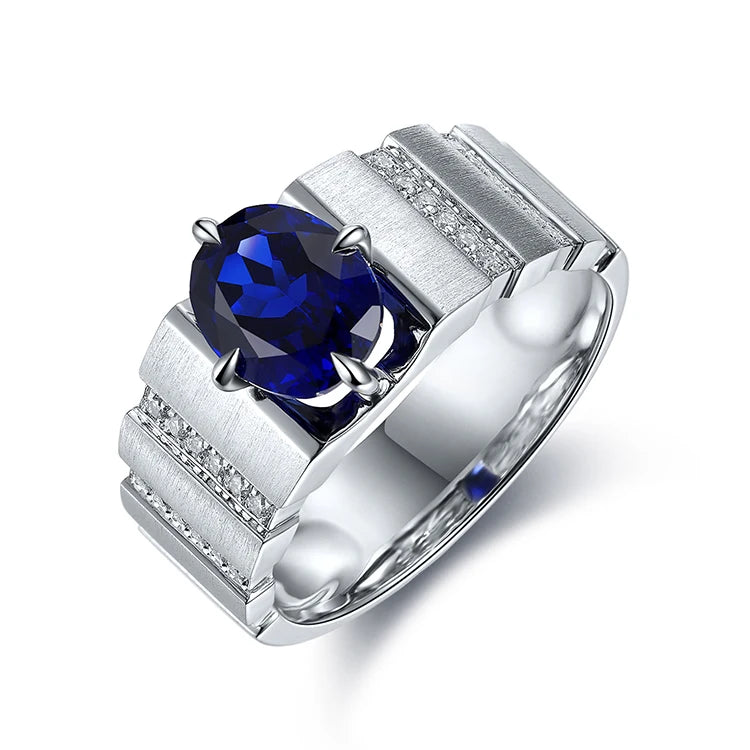 Gemfiori Custom Fine Men's Lab Grown Blue Sapphire 18K 14K Sterling Silver Classic Rhodium Plated Prong Setting Wedding Engagement Ring