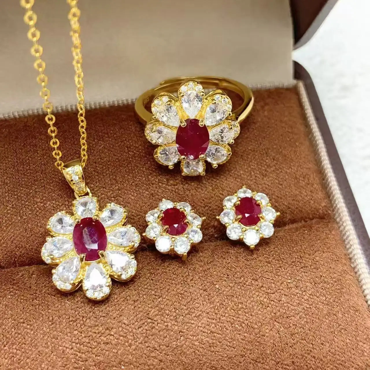 Luxury Natural Ruby Jewelry Set 925 Sterling Silver 18k Gold-plated Necklace Earrings Ring Women's Sets Wedding Engagement Gift