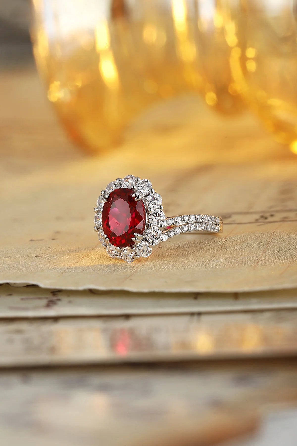 Gemfiori New Trendy Vintage Luxury Lab Grown Ruby Rings for Women Rhodium Plated Sterling Silver 925 Wedding & Anniversary Custom