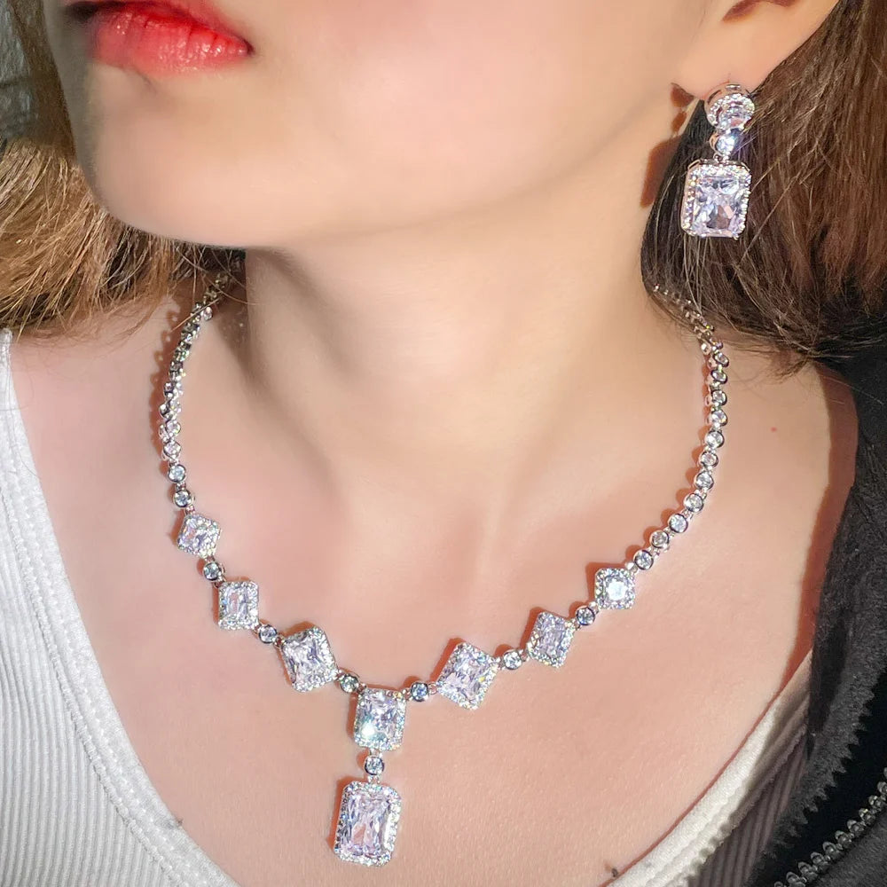 Bulk Luxury Purple Cubic Zircon Halo Setting Jewelry Set Copper Alloy Necklace and Drop Earrings for Women Wedding Party Gifts