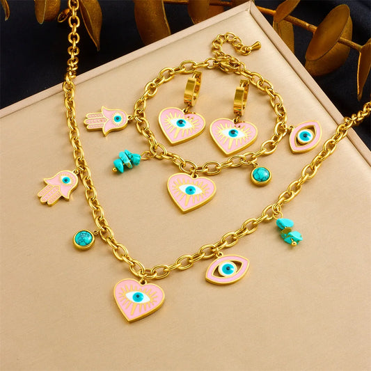 High Quality Fashion Stainless Steel Pink Heart Necklace Earrings and Bracelet Set Women Exquisite Gold Jewelry Set