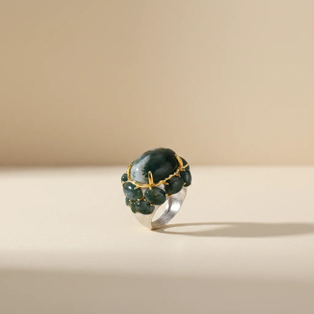 Retro Agate 925 Sterling Silver Handmade Ring with Gold Plated