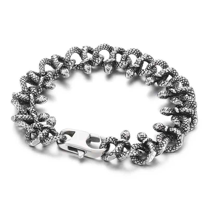 REBEL 210mm Men Punk Stainless Steel Vivid Tangled Snakes Links Bracelet