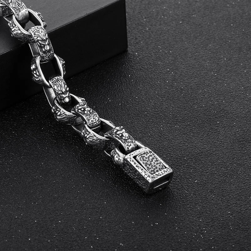 KALEN 220mm Men Punk Stainless Steel Lion Head Patterns Oval Links Bracelet